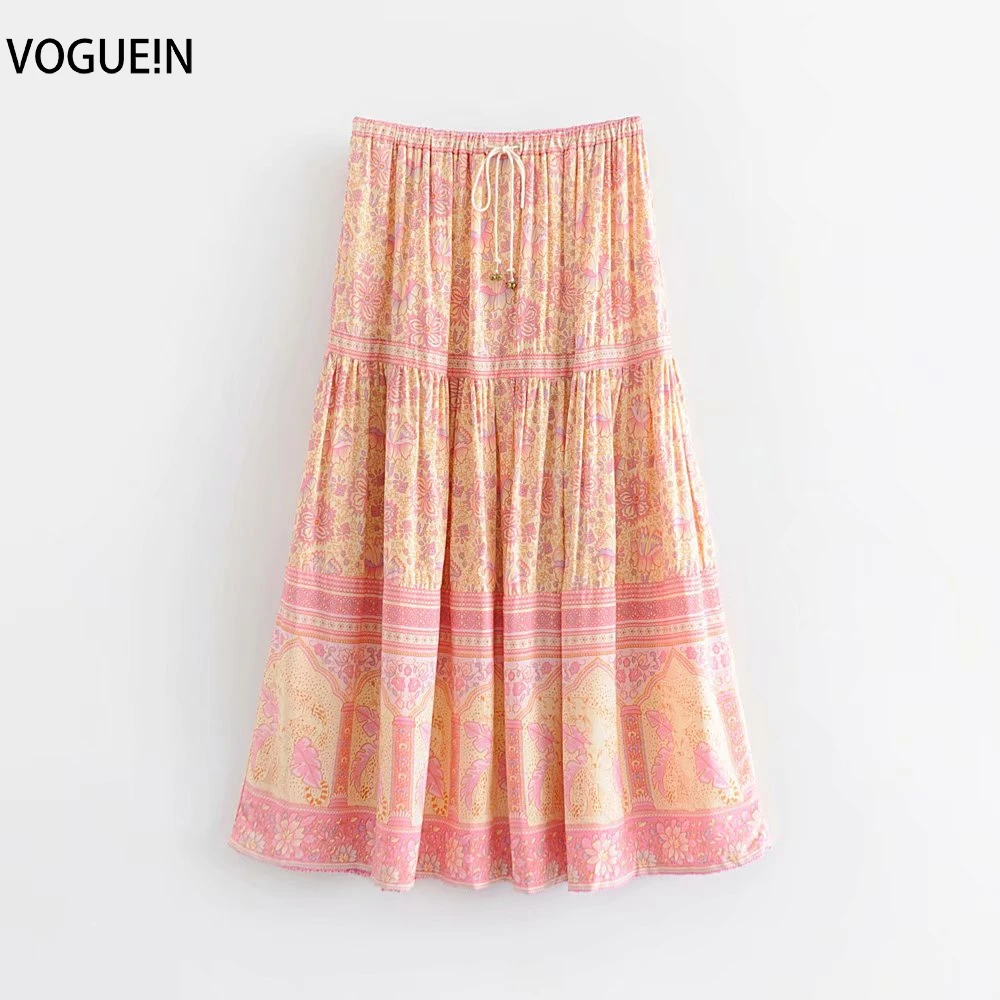 VOGUEIN New Womens Pink Boho Ethnic Elastic Waist Floral Print Beach