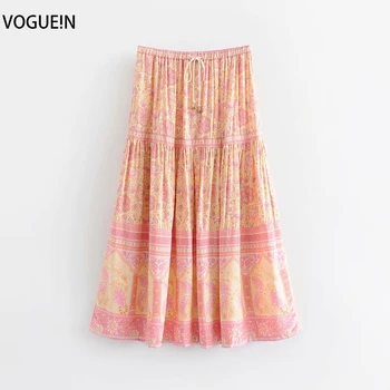 

VOGUEIN New Womens Pink Boho Ethnic Elastic Waist Floral Print Beach Bells Maxi Skirt Wholesale