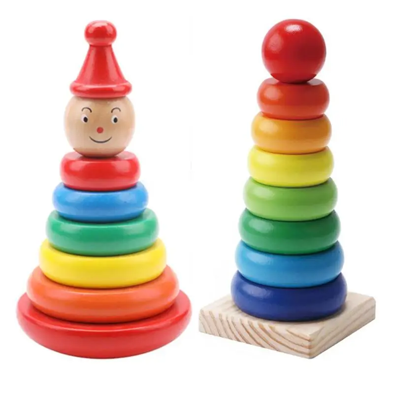 Kids Wooden Rainbow Puzzle Stacking Ring Tower Building Block Toy AC