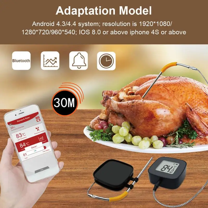 

Barbecue Meat Thermometer Wireless Bluetooth with Probe Outdoor Digital Alarm Cooking Thermometer Support IOS Android Monitoring