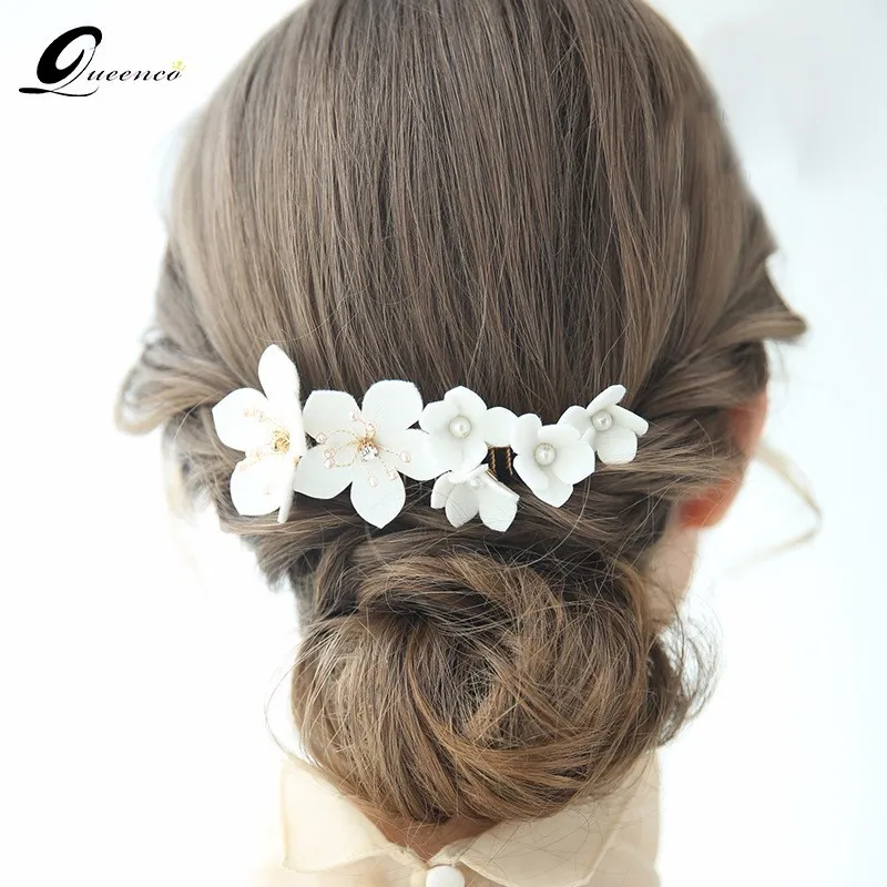 

Handmade White Flower Wedding Hair Accessories Headwear Leather Imitation Pearl Hair Comb Women Headpiece Vintage Jewelry
