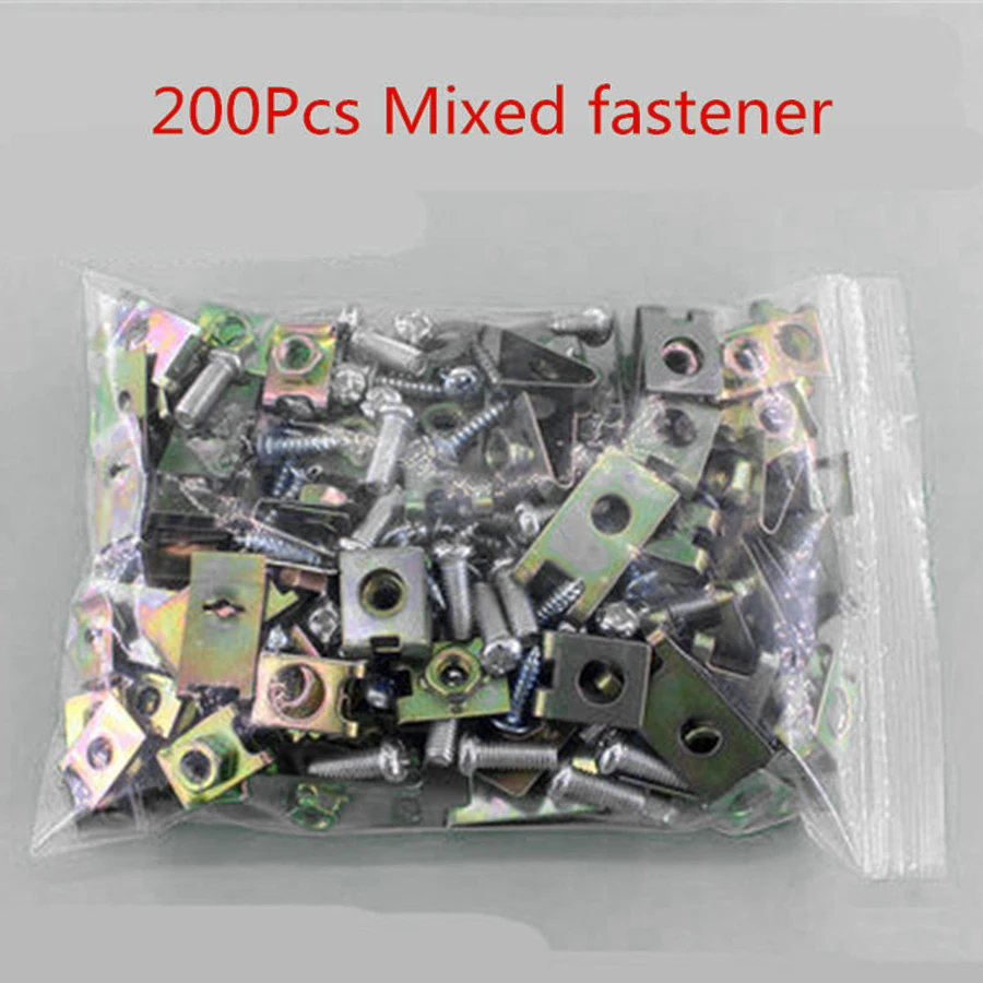 200Pcs Mixed Car Body Door Panel Fastener Fixed Screw U Type Gasket Fender Clips