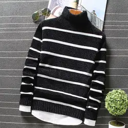 Новинка 2018 года Зимний толстый брендовый свитер водолазка полосатый вязаный пуловер для мужчин Высокое качество повседневное