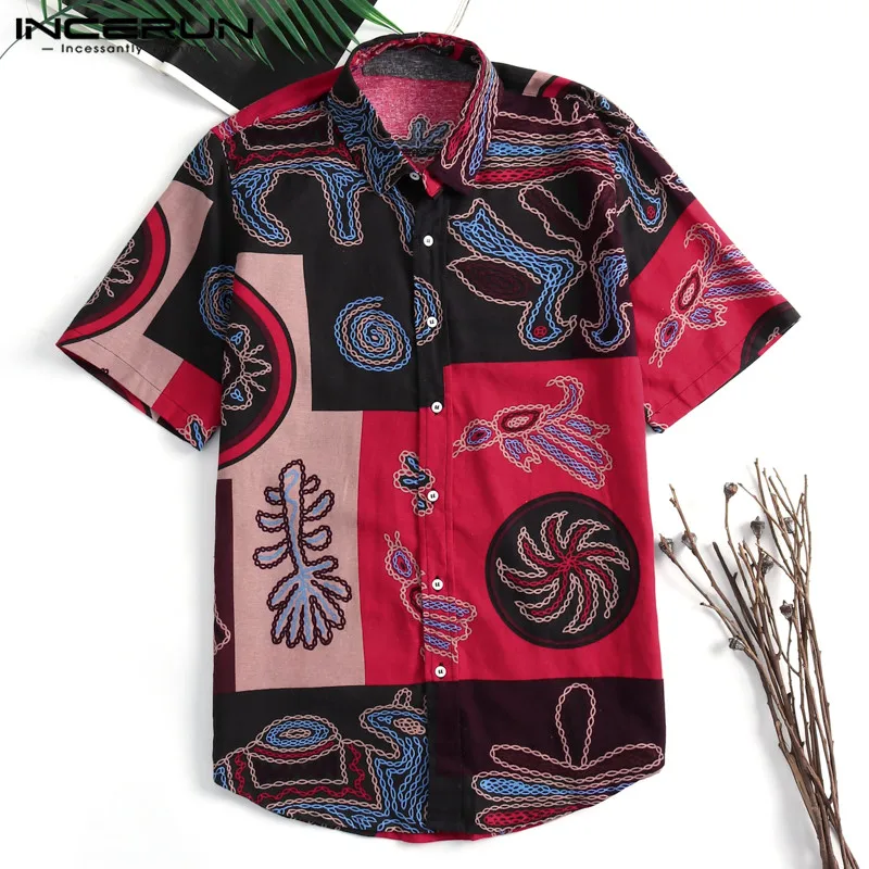 

INCERUN Ethnic Floral Print Men Shirt Lapel Neck Short Sleeve Tops Fashion Hawaiian style Cotton Summer Casual Men Shirts S-3XL