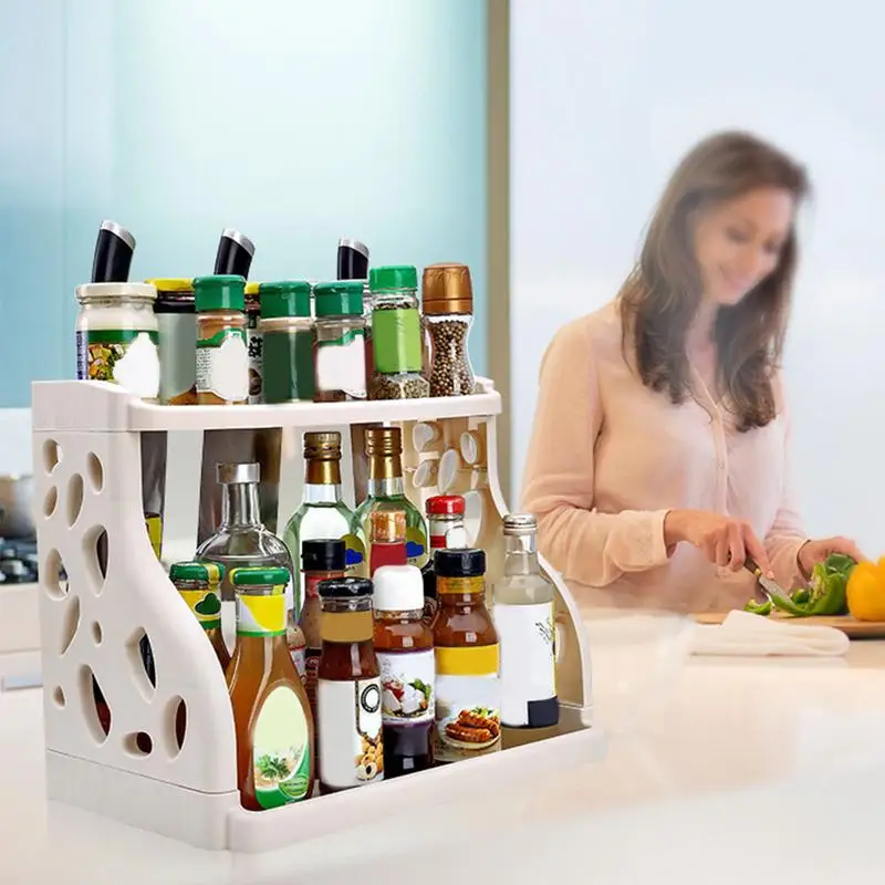 جديد طبقة مزدوجة المطبخ رفوف المكونات تخزين الرف حامل بلاستيك المكونات رف المكونات الرف