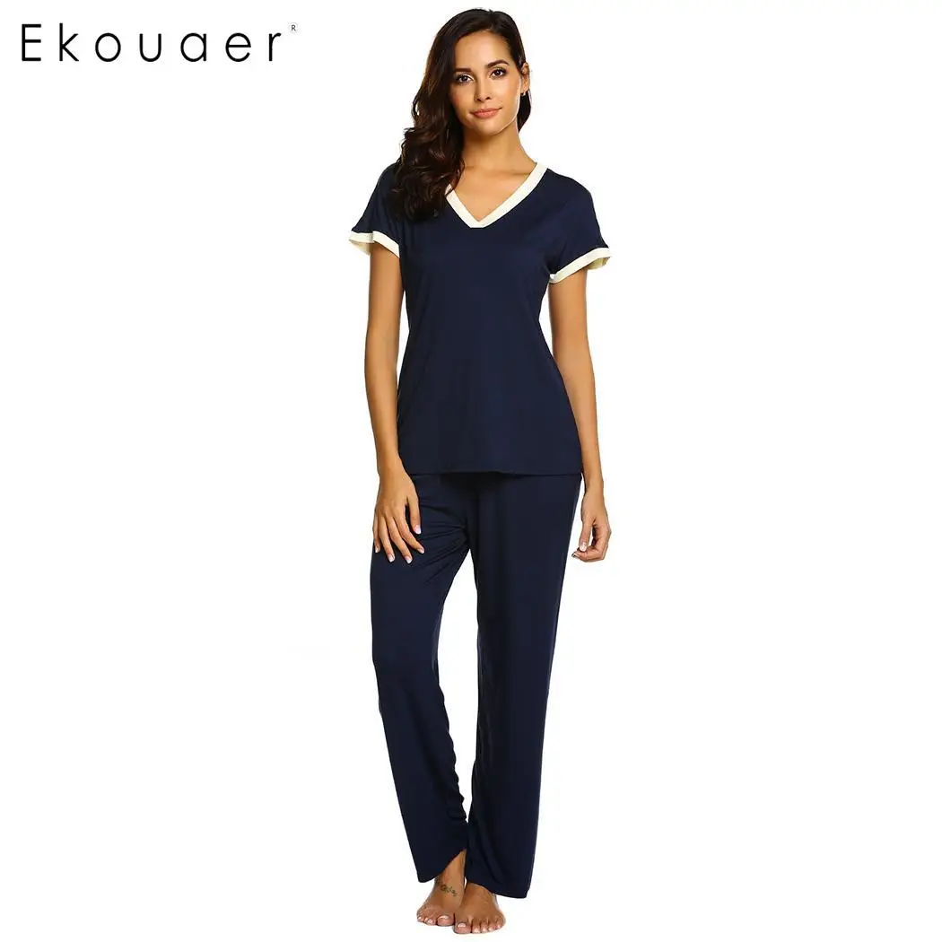 

Ekouaer Home Clothes Women Sleepwear Pajama Casual V-Neck Short Sleeve Tops Middle Waist Pants Loose Pajamas Set Nightwear Suit