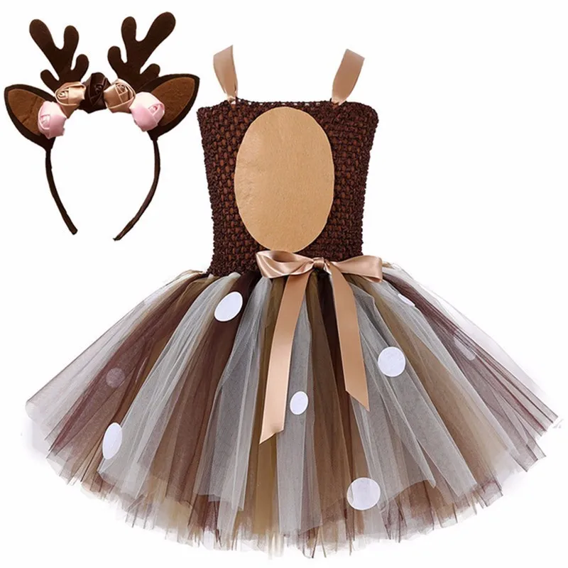 

Kids Christmas Deer Tutu Princess Dress With Headband Girl Birthday Party Dress Children Purim Halloween Animal Cosplay Costume