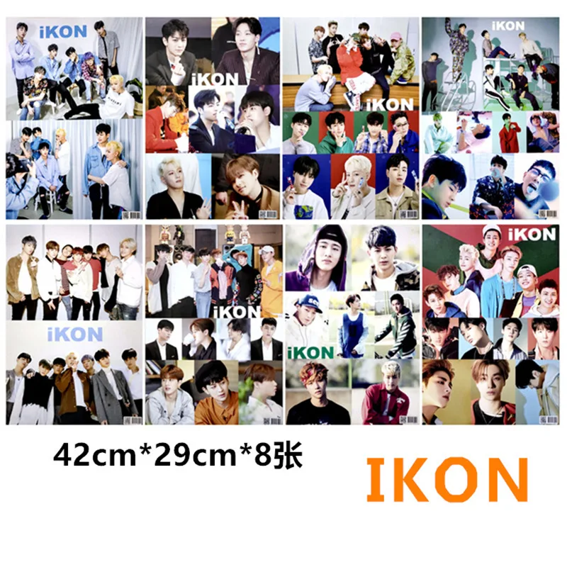

8 pcs/lot KPOP iKON Embossed posters Toy Kim Jin Hwan Song YunHyeong Kim Ji Won Kim HanBin Poster sticker for gifts Size 42x29CM