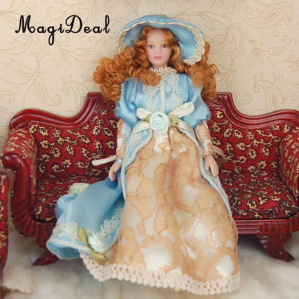 

MagiDeal 1Pc Dollhouse Miniature Porcelain Dolls Lady in Dress & Hat w/ Stand for Bedroom Living Room Display Children Toy Gift