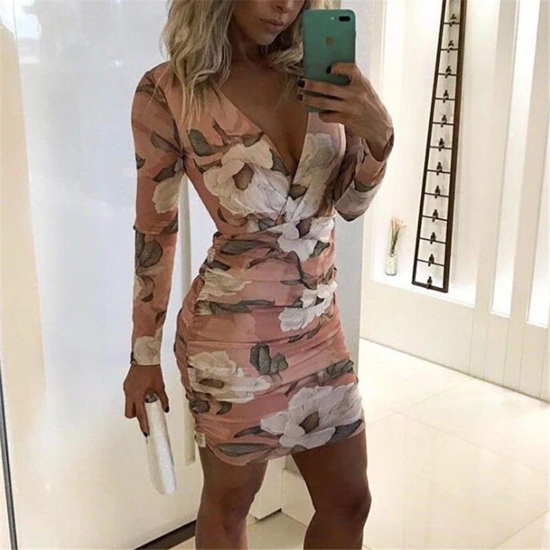 

2018 Vintage Women Dresses Deep V Long Sleeve Mini Dress Sexy Ladies Floral Dresses Women Dress Plus Size Evening Party Clothes