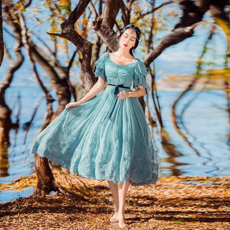 Vestido de encaje de tul azul de marca para Mujer Vestidos de Mujer dulce Lolita Ropa Mujer Verano Kerst Jurk 2018 Vestidos de playa bohemios Vestido de encaje de tul azul de marca para Mujer Vestidos de Mujer dulce Lolita Ropa Mujer Verano Kerst Jurk 2018 Vestidos de playa bohemios