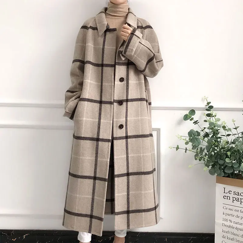 

Women Lattice 100% Woolen Coat 2018 Autumn Winter Lapel Cashmere Long Overcoat Button Wool Blend Jacket Fashion Loose Cape PJ324