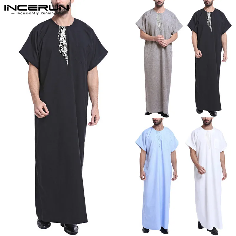 

INCERUN Mens Muslim Arab Islamic Kaftan Robes Print Short Sleeve Abaya Saudi Arabia Middle East Jubba Thobe Vintage Kaftan Men