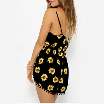 

Sunflower Print Jumpsuit 1Pcs Summer Rompers Womens Jumpsuit Floral Printed Short Playsuits Deep V-Neck Sling Waist Crop