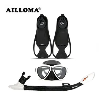 

AILLOMA Diving Mask Snorkel Fins Set Adult Full Dry Tube Flipper Scuba Anti-Fog Swimming Goggles Breathing Equipment Sets