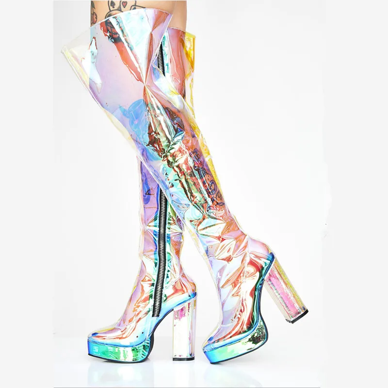 

2019 PVC Transparent Platform Crystal Heel Long Boots Block High Heels Thigh High Boots Colorful Fancy Woman Banquet Shoes
