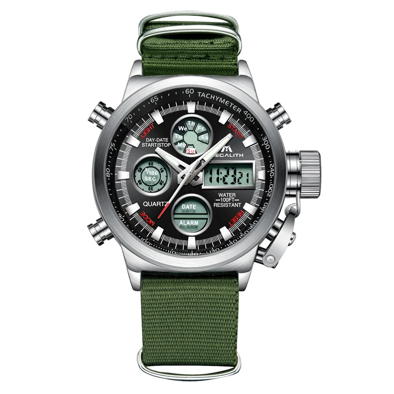 

MEGALITH Fashion Mens Watches Waterproof Digital LED Military Sport Wrist Watches Men Army Green Leather Nylon Analog Watches