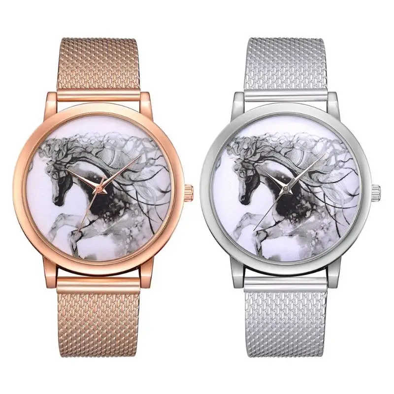 

Fashion Women Mesh Strap Quartz Watches 3D Horse Analog Wristwatches Casual