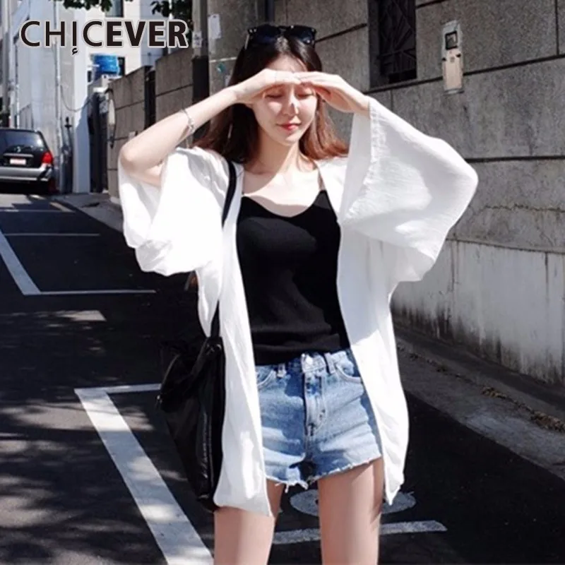 

CHICEVER White Blouse 2019 Summer V Neck Wrist Batwing Sleeve Loose Big Size Sunscreen Women's Tops Korean Fashion Clothing New