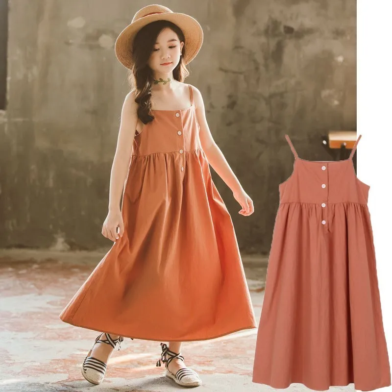 Длинное платье для девочек от 7 до 10 лет, лето г., ТРАПЕЦИЕВИДНОЕ ПЛАТЬЕ для девочек-подростков Повседневная праздничная одежда на пуговицах для детей от 10 до 14 лет