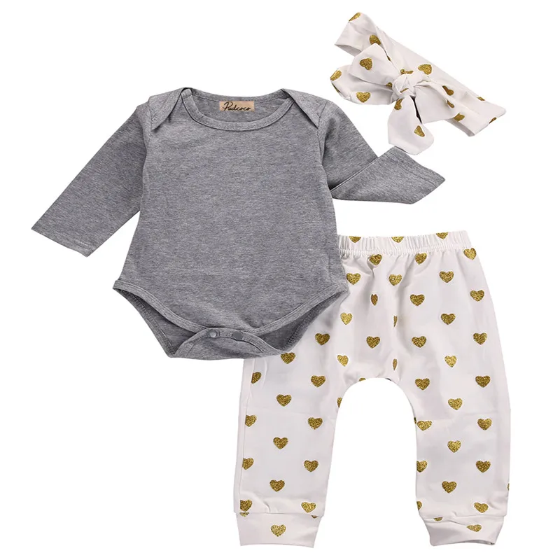 

3 pieces Solid Long-sleeve Bodysuit,Sequin Heart Print Pant with Headband Set For Baby Girl