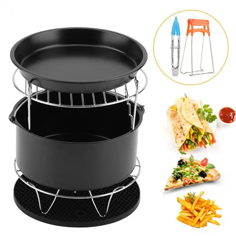 

8 Inch 7 In 1 Air Fryer Accessories Set Kit Parts Metal Holder Skewer Rack Cake Barrel For Baking Basket Pizza Pan