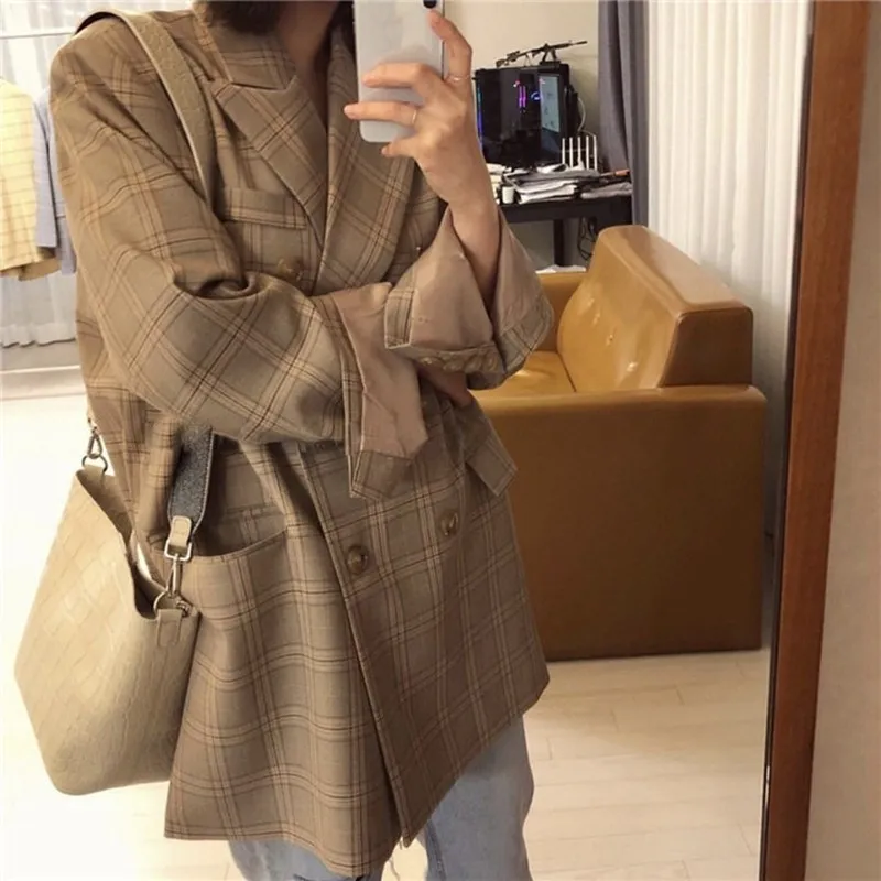 

2019 Spring Casual Women Blazers And Jackets Striped Long Sleeve Plaid Double Breasted Office Work Blazer Outwear