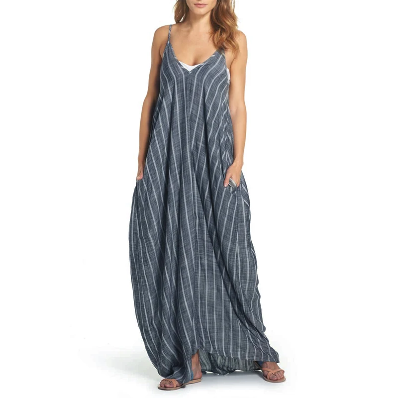 

ZANZEA Striped Maxi Dresses Women 2019 Summer Dress Sleeveless Sexy V Neck Casual Beach Sundress Vestidos Plus Size Robe
