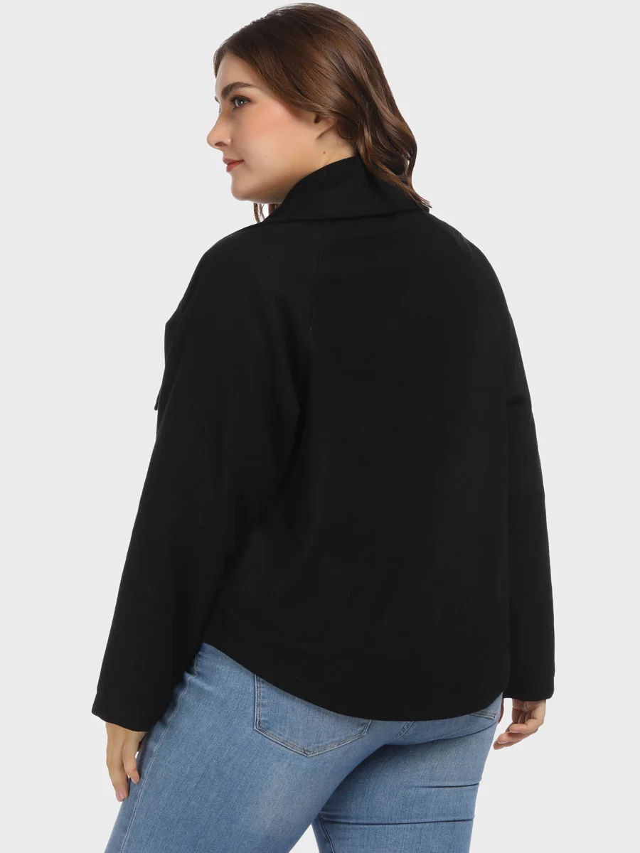Bouton Grande Recadrée Black Laine Taille Femmes Revers Patte Manteau Col Mélanges À 5vYnxSO