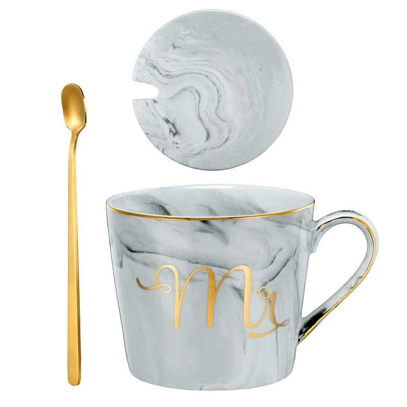 

Mr Mrs Coffee Mugs Set, Ceramic Marble 15Oz Coffee Cup With Lids And Spoon In Gift Box