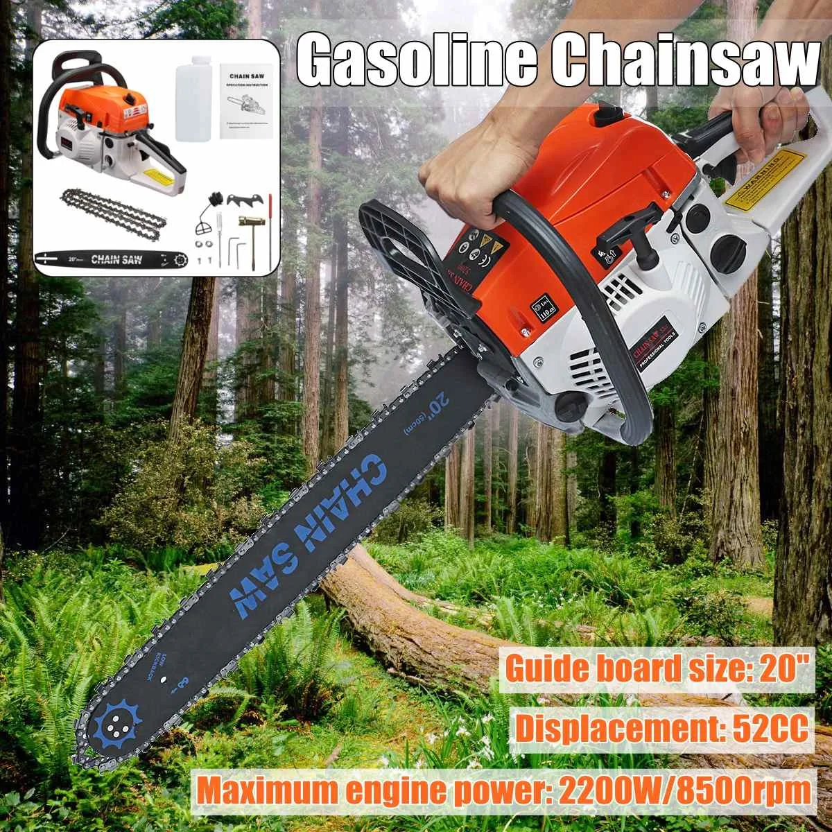 

2200W/8500rpm Electric Gasoline Chainsaw Handed Power Saw Woodworking Wood Cutting Sharpening Grinding Machine 20Inch