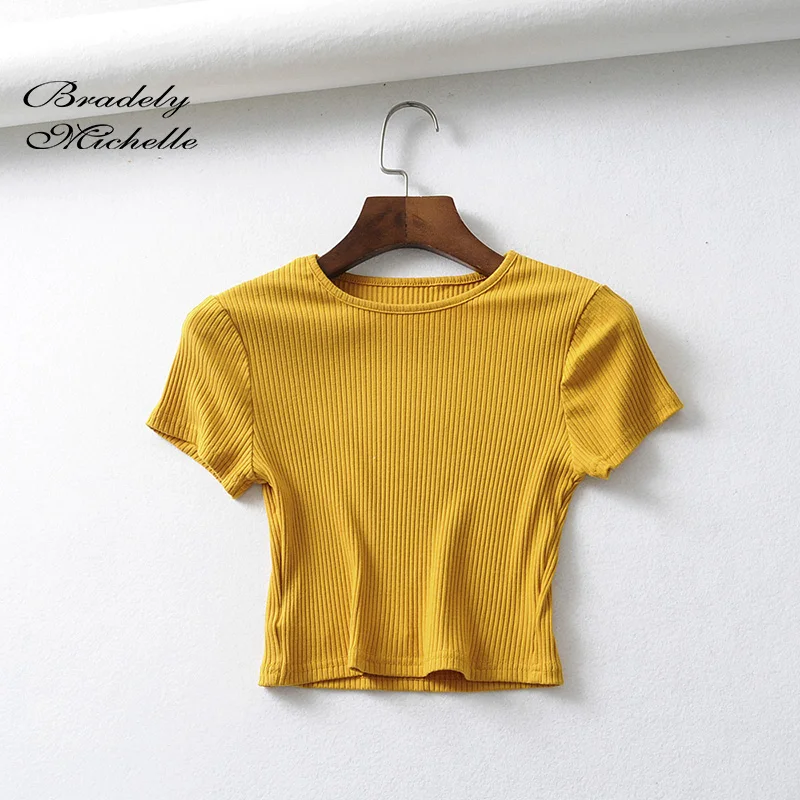BRADELY Michel, Короткие топы для сексуальных женщин, летняя женская трикотажная футболка из чистого хлопка с круглым вырезом и коротким рукавом, однотонная эластичная футболка
