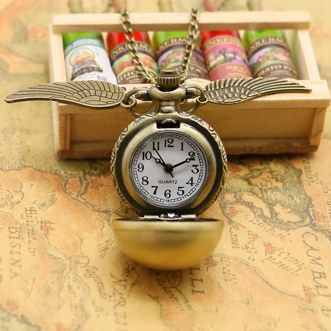 Antique Golden Quartz Pocket Watch Retro Pendant Clock Classic Pocket Necklace Gifts Kids Golden Ball Wing Pocket Watch