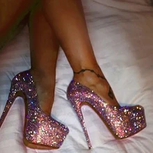 LAIGZEM/пикантные женские туфли-лодочки на каблуке для вечеринок розовые туфли на высоком каблуке с блестками Tacones Mujer; большие размеры 34-52