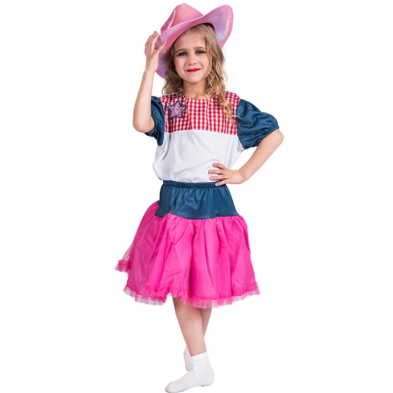

Cute Cowgirl Costume Kids Plaid Pink Dance Cosplay Halloween Costume For Kids Carnival Party Dress Suit