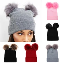 Winter ball cap mom and daughter crochet hat peas girl double ball Pom Pom hat winter warm stretch soft and comfortable gift Winter ball cap mom and daughter crochet hat peas girl double ball Pom Pom hat winter warm stretch soft and comfortable gift