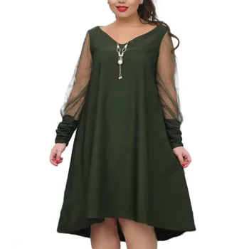 

2XL-6XL Large Size Dress Sexy V Neck Transparent Sleeve A Line Midi Dresses Women Summer Party Dresses Black Green Red Vestidos