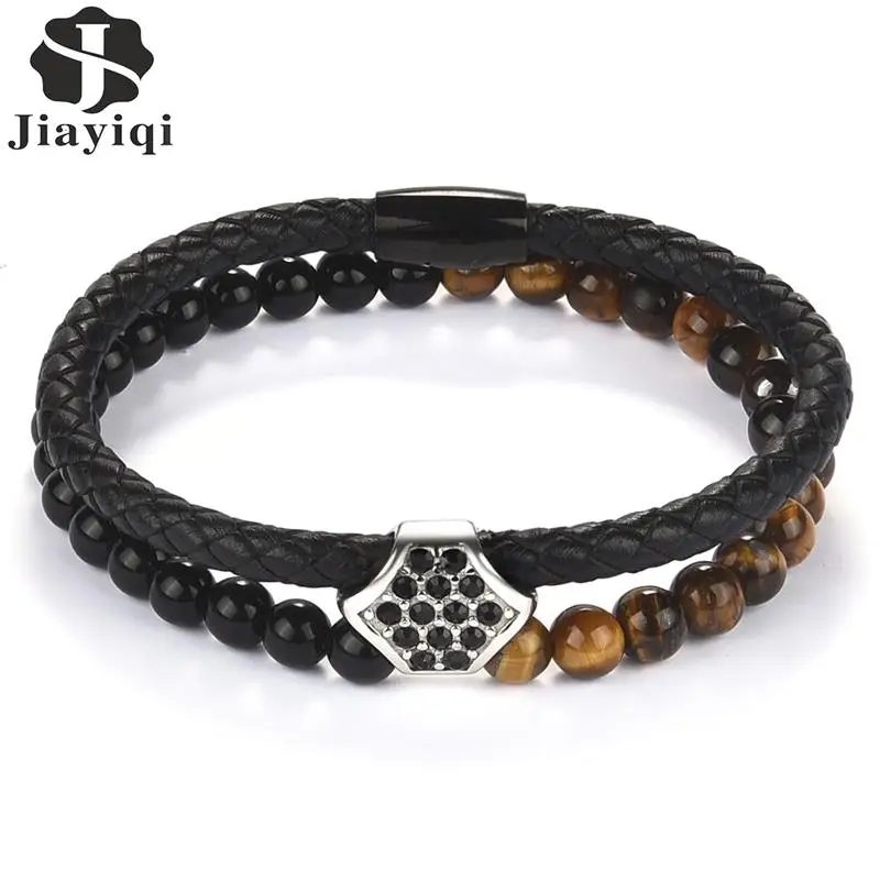 

Jiayiqi Men's Braided Leather Bracelet Natural Stone Beaded Double-layer Stainless Steel Magnetic Clasps WristBand Male Jewelry
