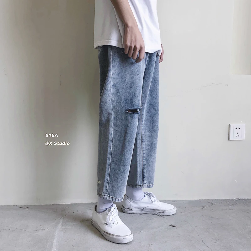 

Men's jeans 2019 summer new jeans solid color hole loose nine points jeans youth personality trend fashion men's clothing