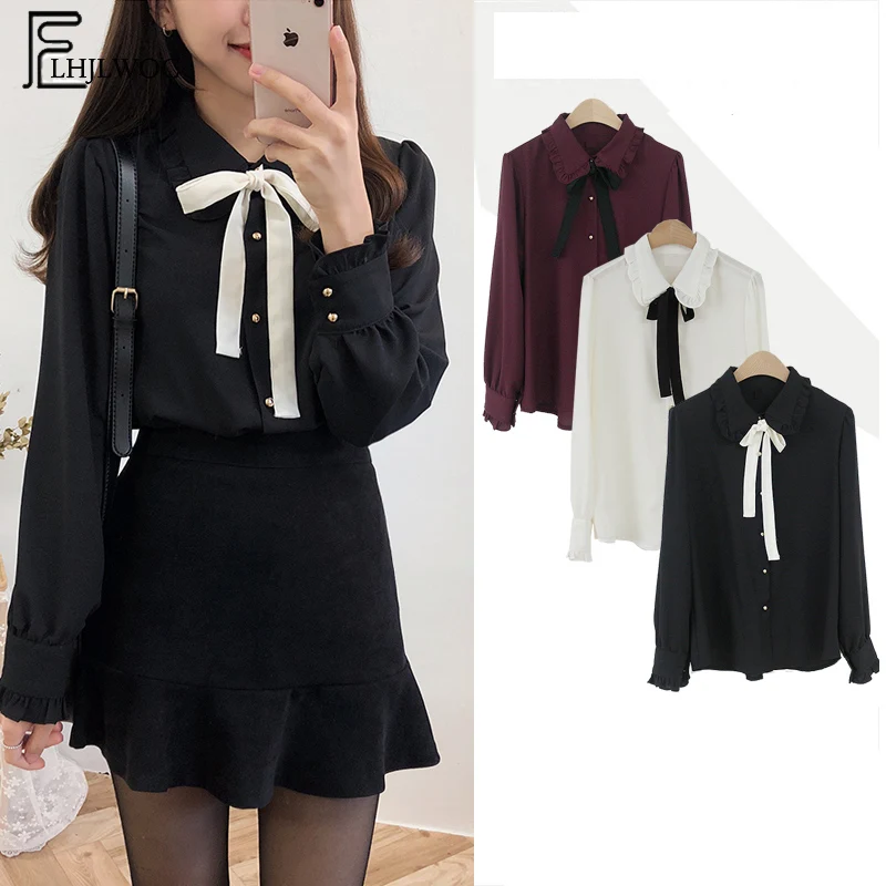 Chiffon Blouses Shirts New Hot Sales Preppy Style Girls Bow Tie Tops Cute Sweet Korean Temperament