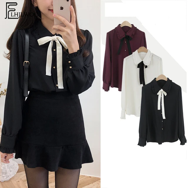 US $12.24 Chiffon Blouses Shirts New Hot Sales Preppy Style Girls Bow Tie Tops Cute Sweet Korean Temperament 