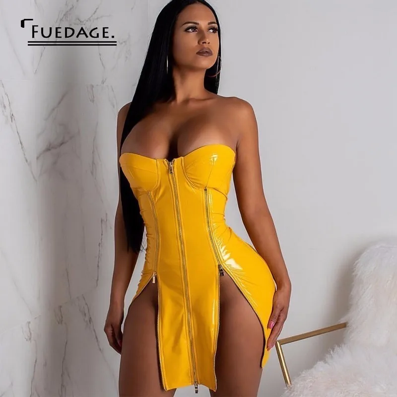 

Summer Leather Bodycon Dress Women Vestidos Strapless Sleeveless Solid Sexy Dress Zipper Split Elegant Mini Party Dresses 2018