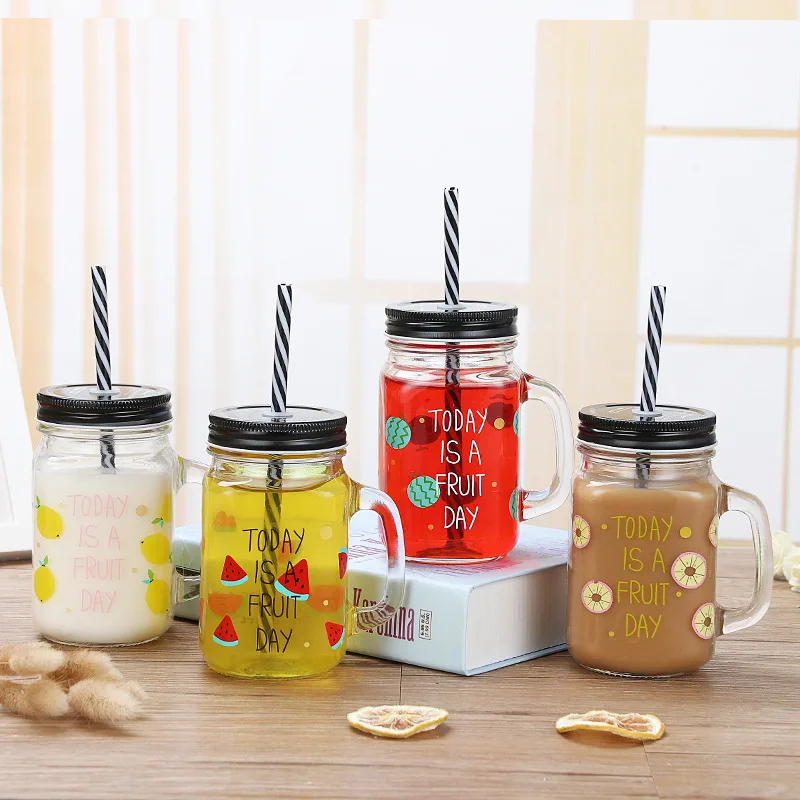 

450ml Korean Fruit Straw Mug with Handle Drink Straw Bottle Cartoon Juice Cup Beach Straw Mug Milk Tea Straw Mason Bottle