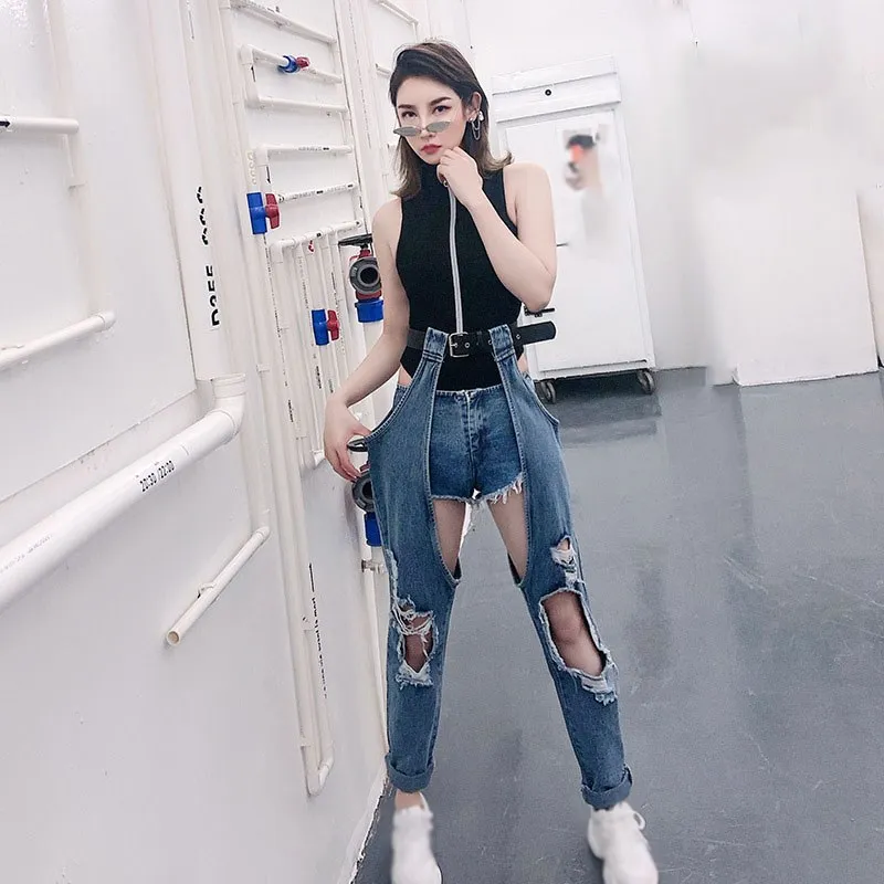 

Korean Fashion Spring 2019 New Sexy Women Hole Jeans Irregular Hollow Out Denim Pants Fake 2 PCs Hip Hop Belt High Waist Jeans