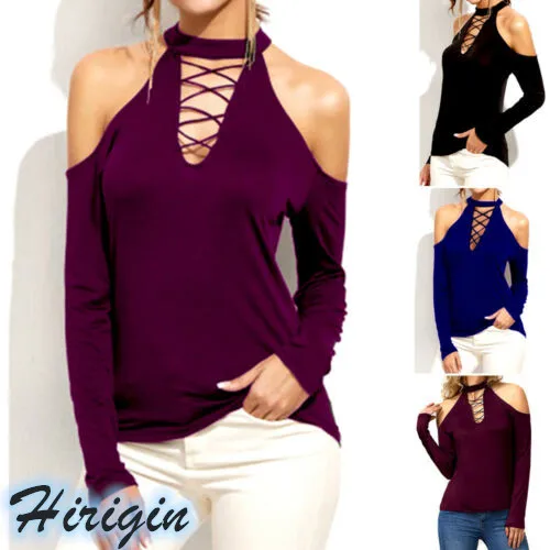 

Summer Women Tops Womens Casual Long Sleeve Off Shoulder Turtleneck Tops Summer Solid Sexy Hollow Out T-shirt Size S-XL