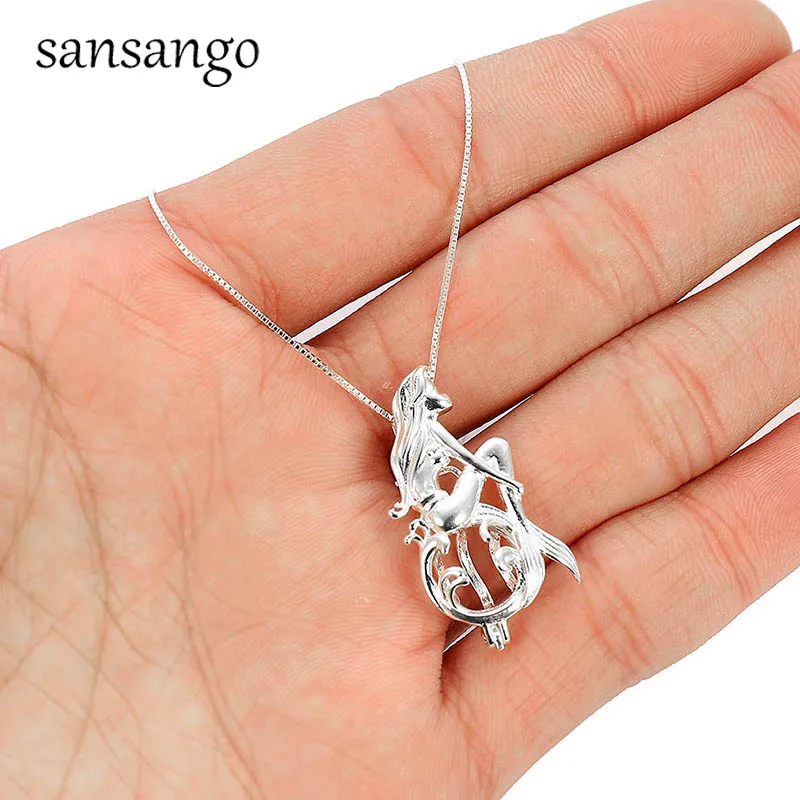 

925 Silver Multi-style Mermaid Unicorn Dog Animals Pearl Cage Pendant Necklace With Box Chain Essential Oil Diffuser Neckalce