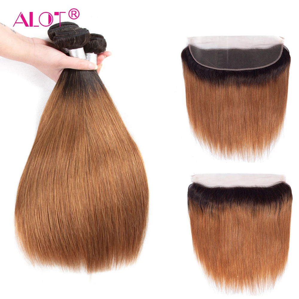

Pre Colored Peruvian Straight Human Hair Bundles With Frontal 1B/30 1B/27 1B/99J 1B/BUG Ombre Dark Root Non Remy Hair ALot