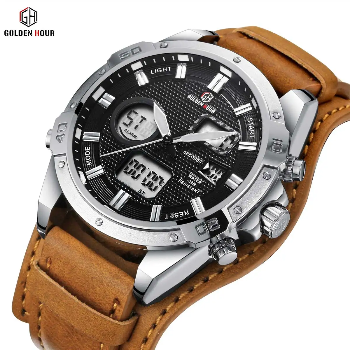 

2019 GOLDENHOUR Dual Time Digital Analog Sport Watch Men Brown Leather Strap Light LED Alarm Calendar Display Waterproof Watches