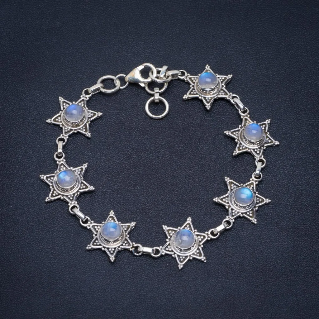 

Natural Rainbow Moonstone Handmade Unique 925 Sterling Silver Bracelet 7.25-8.25" A2897