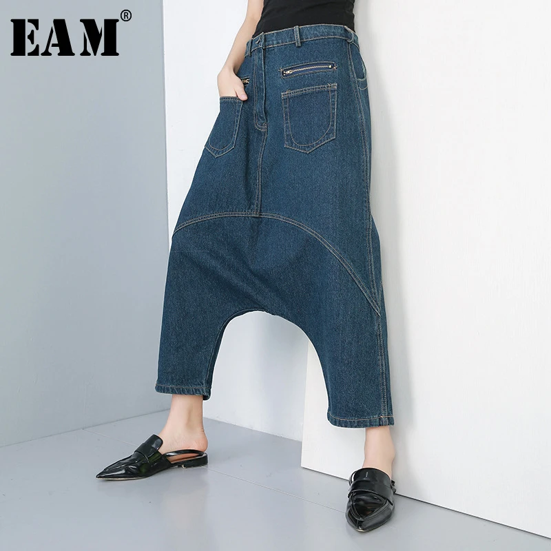 

[EAM] 2019 New Autumn Winter High Elastic Waist Blue Pocket Split Joint Denim Loose Cross-Pants Women Trousers Fashion JR190